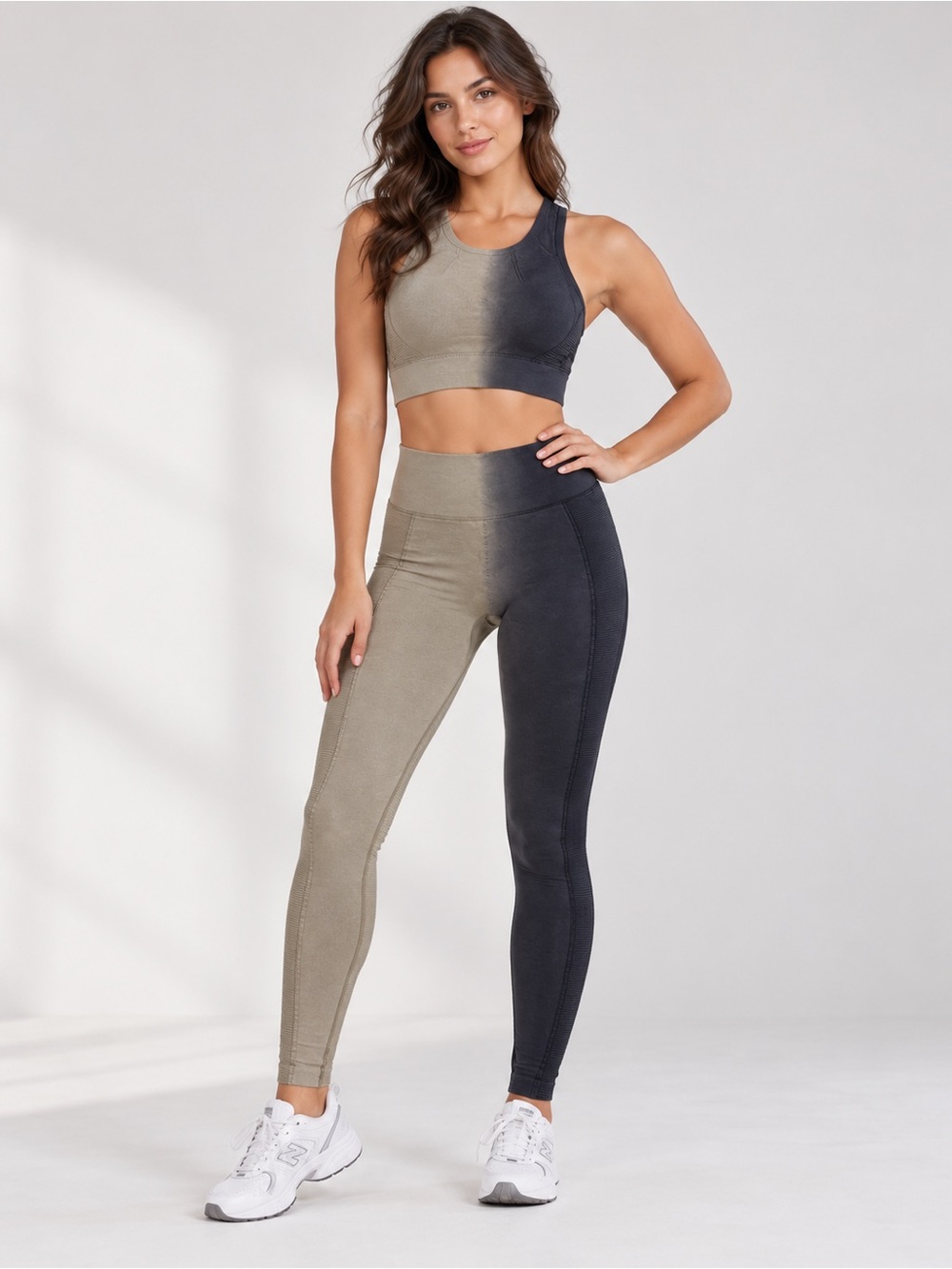 Two-Tone Cropped Tank Top in Olive & Charcoal and leggings